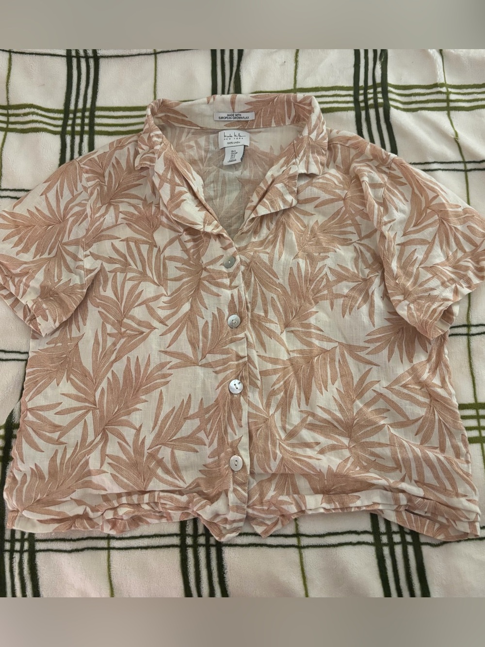 Nicole Miller Beige Leaf Pattern Linen Shirt